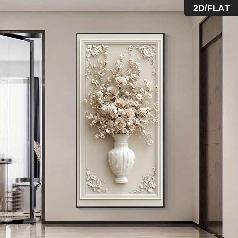A large vertical framed wall art piece featuring a 3D-style cream floral arrangement in a white vase, mounted on a beige wall in a modern interior hallway. A small '2D/FLAT' label appears in the top-right corner.