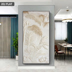 A large vertical wall art panel featuring a 3D embossed tropical palm leaf design in cream and beige tones, displayed on a gray wall in a modern dining room setting.