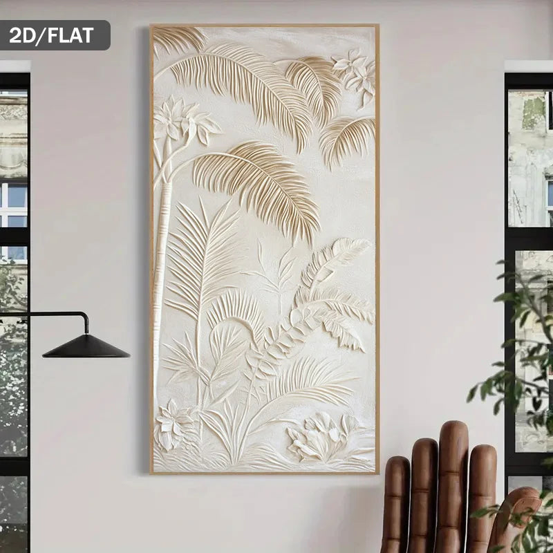 A vertical rectangular wall art panel with embossed tropical palm leaves and floral motifs in a warm cream tone, shown hanging on a light wall in a styled interior. A black lamp appears on the left and a plant and chair are partially visible on the right.