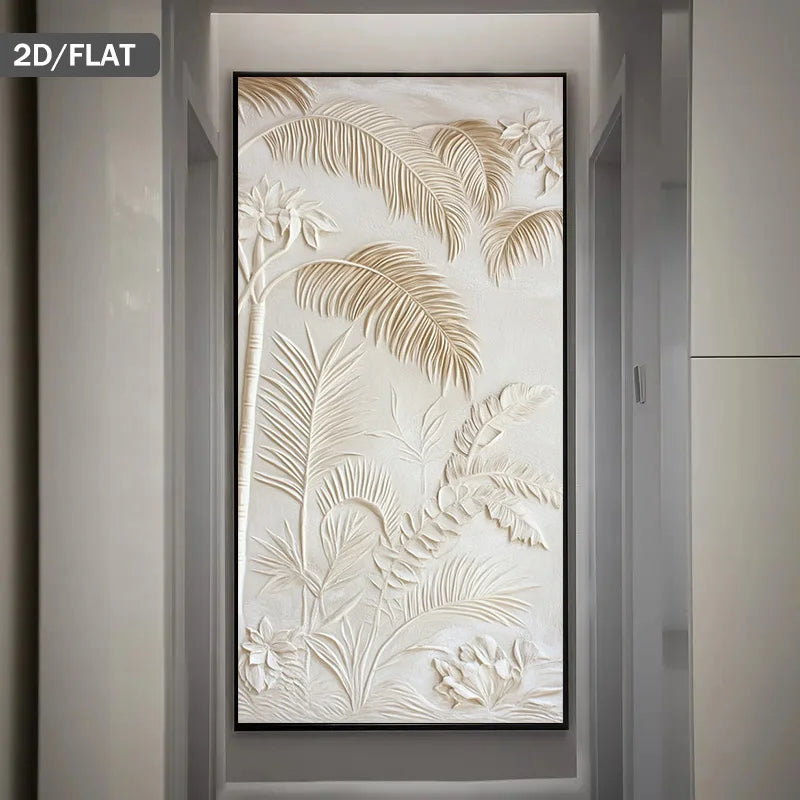 A vertical rectangular wall art panel featuring a raised tropical leaf pattern in warm cream and beige tones, shown mounted in a narrow hallway or niche. The artwork has a thin dark frame and a small '2D/FLAT' label in the top-left corner of the image.