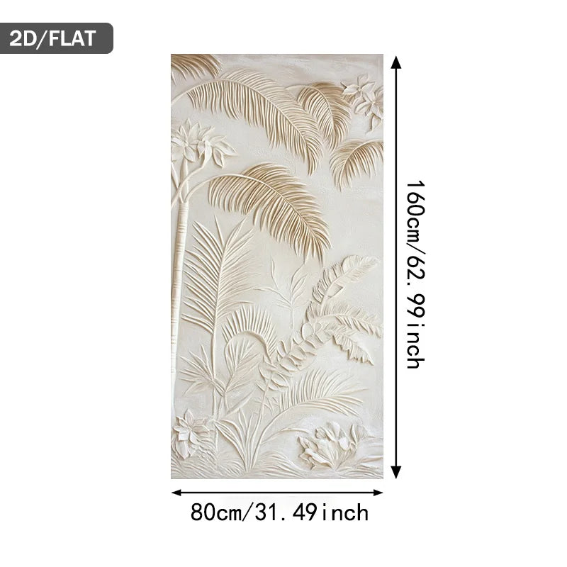 A rectangular cream-colored 2D flat wall panel with embossed tropical palm leaves and flowers, shown with dimension labels indicating 160cm in height and 80cm in width.