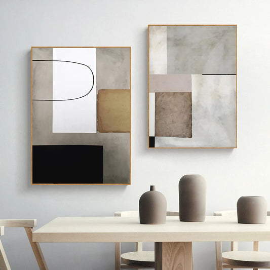 Vintage Abstract Grey Beige Color Block Wall Art Fine Art Canvas Prints - Modern Art For Living Room Dining Room Bedroom Art For Contemporary Interiors