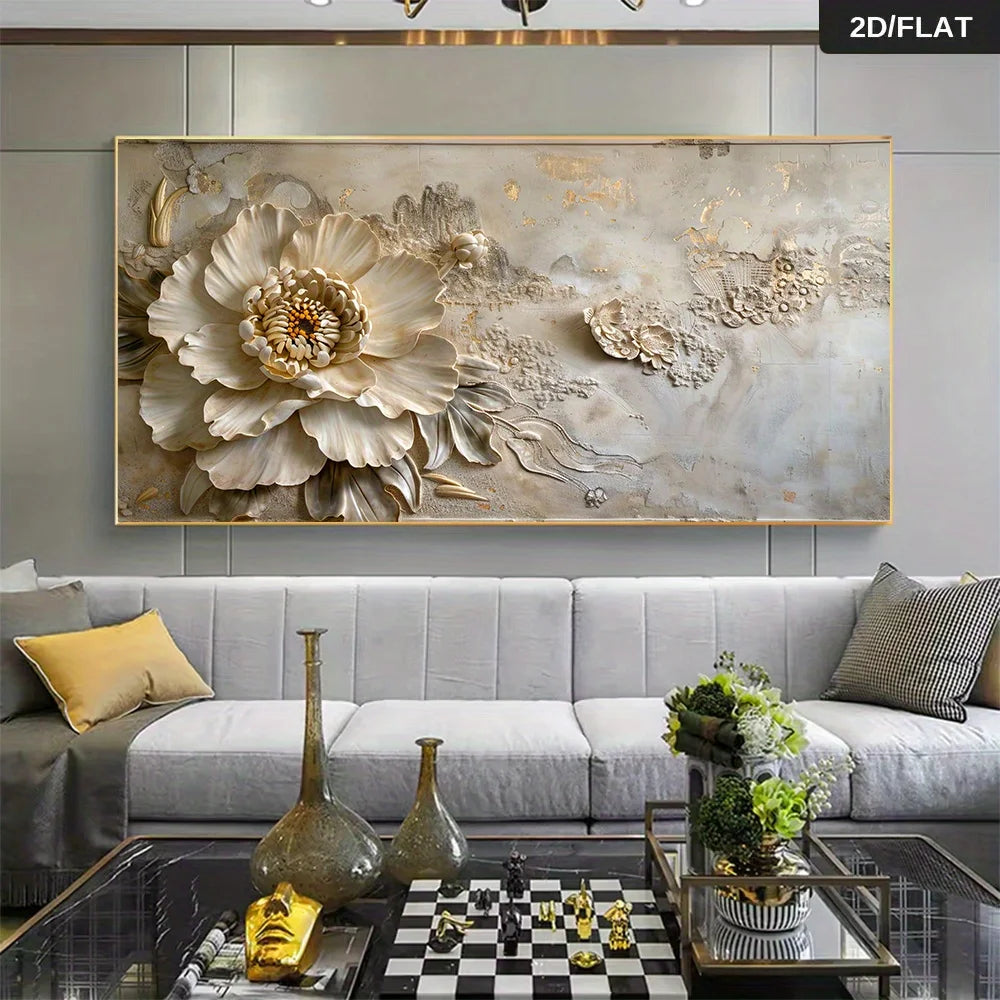 A large rectangular wall art piece with a 3D floral design, featuring a prominent beige peony flower and textured gold leaf details, displayed in a modern living room setting above a gray sofa.