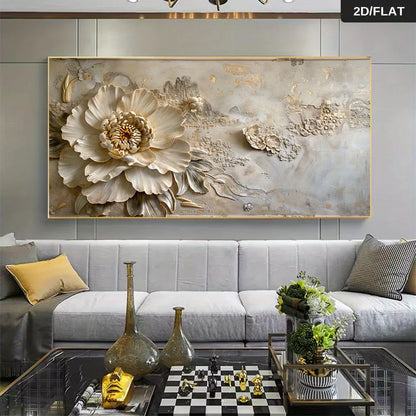 A large rectangular wall art piece with a 3D floral design, featuring a prominent beige peony flower and textured gold leaf details, displayed in a modern living room setting above a gray sofa.