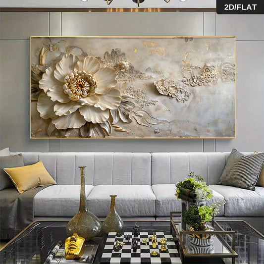 A large rectangular wall art piece with a 3D floral design, featuring a prominent beige peony flower and textured gold leaf details, displayed in a modern living room setting above a gray sofa.