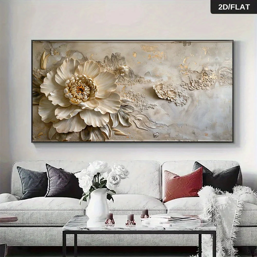 Large rectangular wall art featuring a large beige and cream peony flower with textured gold leaf details on a light gray and white abstract background, displayed above a modern light gray sofa in a living room setting.