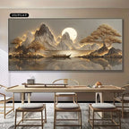 A large framed wall art piece showing a stylized landscape with mountains, trees, a boat on water, and a glowing moon, displayed above a dining table in a modern interior.