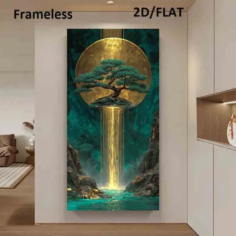 A vertical framed-less canvas wall art print displayed in a modern interior hallway. The artwork depicts a glowing golden full moon, a stylized tree of life, and a waterfall cascading into turquoise water.