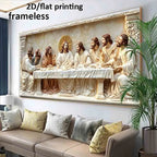A large framed wall art print depicting the Last Supper, shown hanging above a beige sofa in a living room with decorative pillows and a potted plant. Text at the top reads '2D/flat printing frameless'.