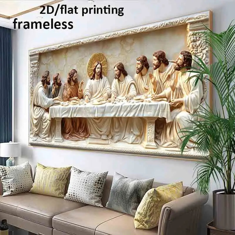 A large framed wall art print depicting the Last Supper, shown hanging above a beige sofa in a living room with decorative pillows and a potted plant. Text at the top reads '2D/flat printing frameless'.