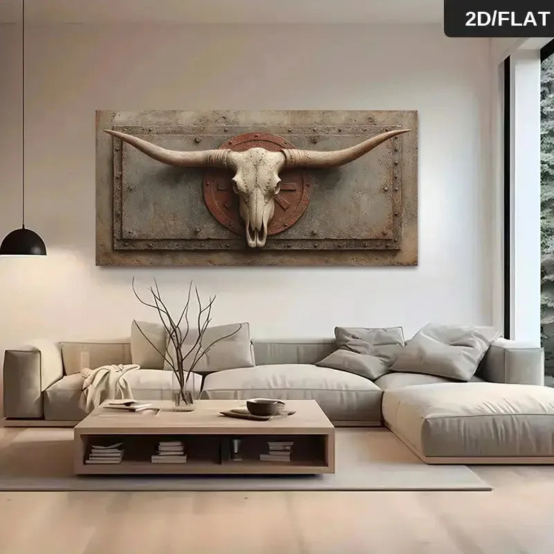 A large rectangular wall art piece featuring a mounted longhorn skull on a distressed wood and stone-style panel, displayed above a light beige sectional sofa in a modern living room. A black pendant light hangs on the left, and a window is visible on the right.