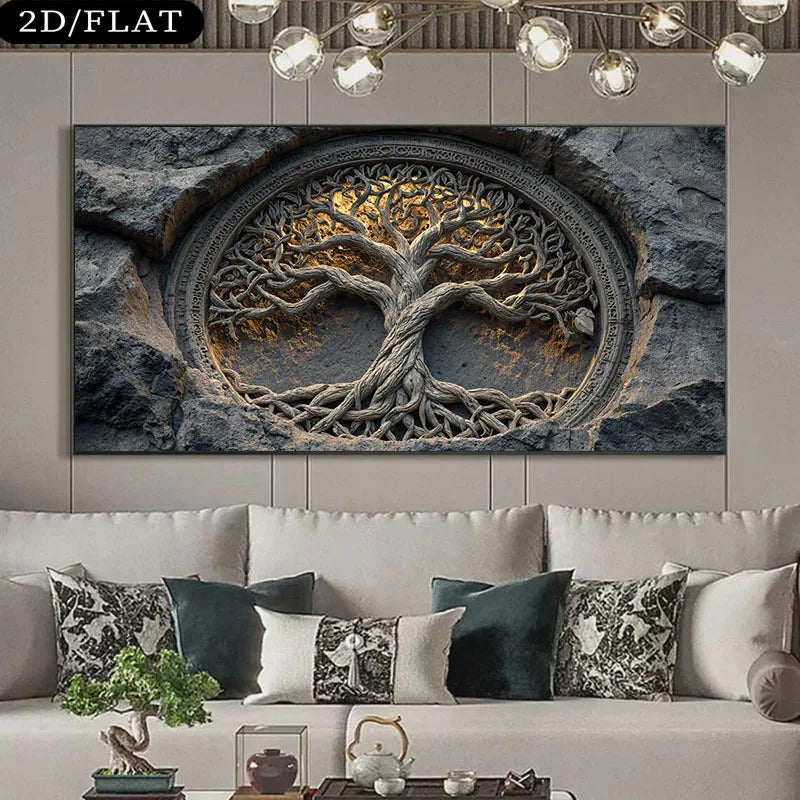 A large rectangular wall art print showing a detailed tree of life in a circular stone carving, displayed above a modern sofa in a living room setting.