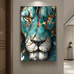 Large vertical canvas wall art featuring a stylized lion face with teal, blue, white, and gold cracked-glass effects, displayed on a beige wall in an interior hallway.