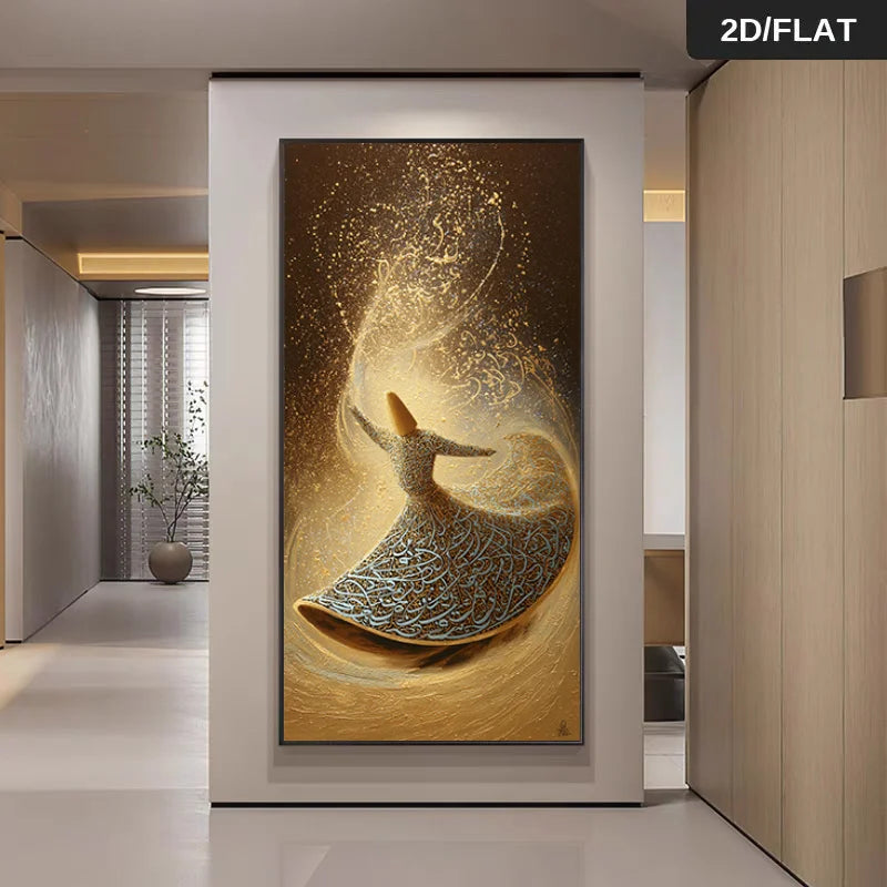 Unframed Whirling Dervish Canvas Print Wall Art – Elegant Sufi Dance Calligraphy Design in Gold & Brown for Modern Hallway and Spiritual Home Decor