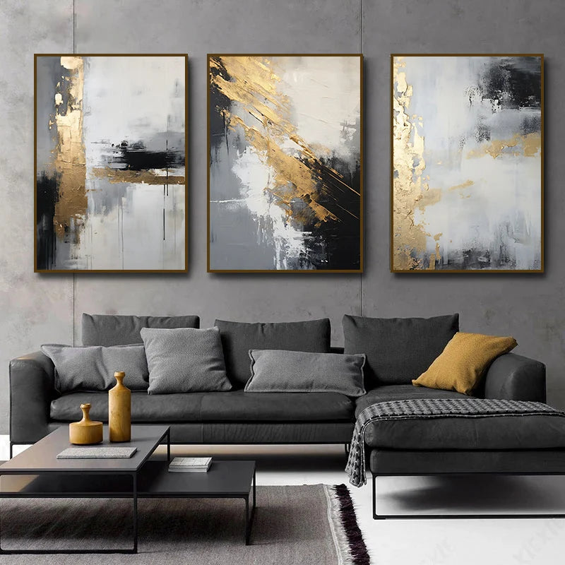 Urban Abstract Black Grey Golden Wall Art Fine Art Canvas Prints - Art For Modern Apartment Living Room Dining Room Art For Contemporary Home Office Interiors