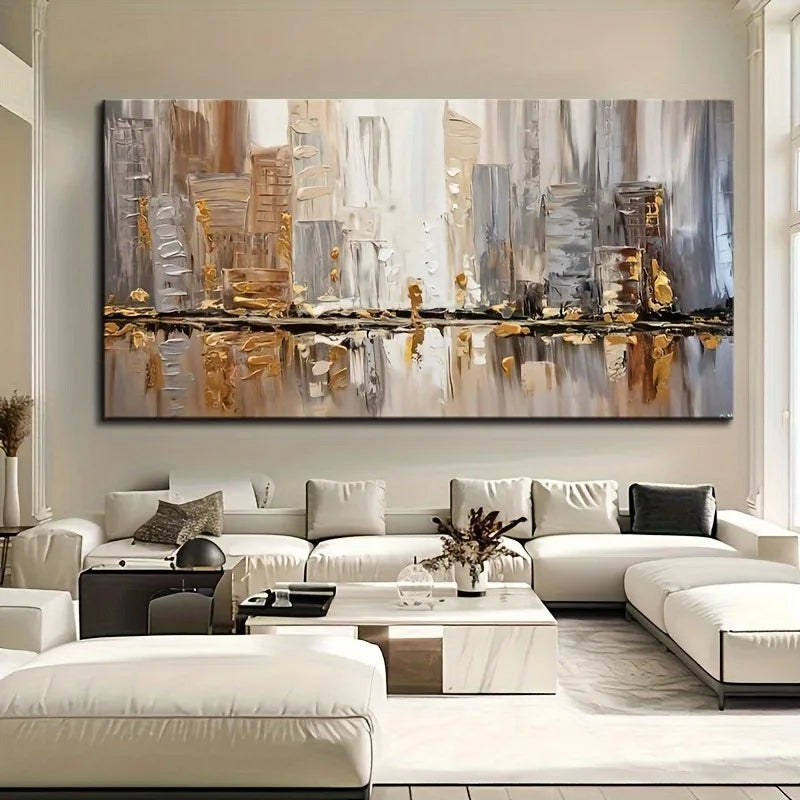 Urban Abstract Cityscape Wall Art – Modern Neutral Toned Fine Art Canvas Print Skyline Picture For Stylish Contemporary Living Room Décor