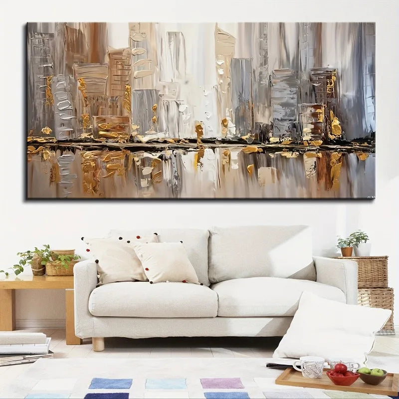 Abstract cityscape painting on a wall above a white sofa in a living room.