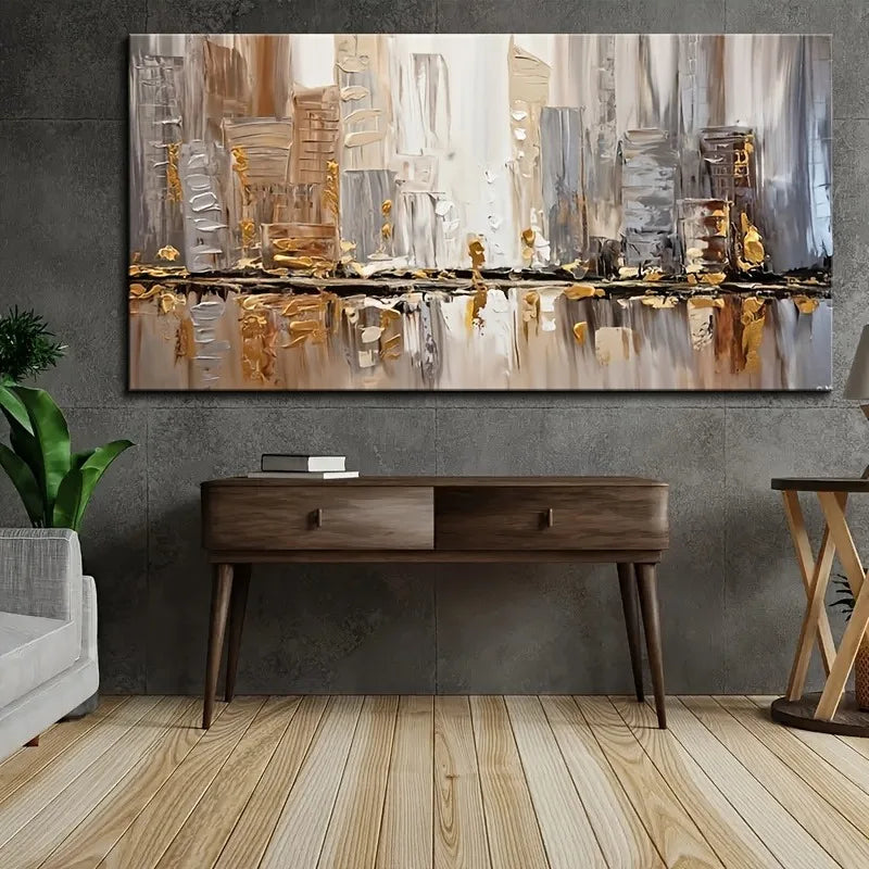 Urban Abstract Cityscape Wall Art – Modern Neutral Toned Fine Art Canvas Print Skyline Picture For Stylish Contemporary Living Room Décor