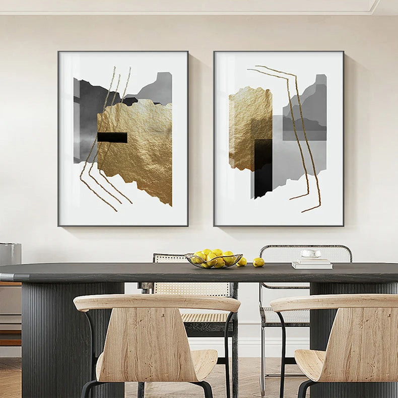 Urban Abstract Golden Grey Geometric Wall Art Fine Art Canvas Prints - Modern Art For Living Room Dining Room Bedroom Art For Contemporary Home Decor