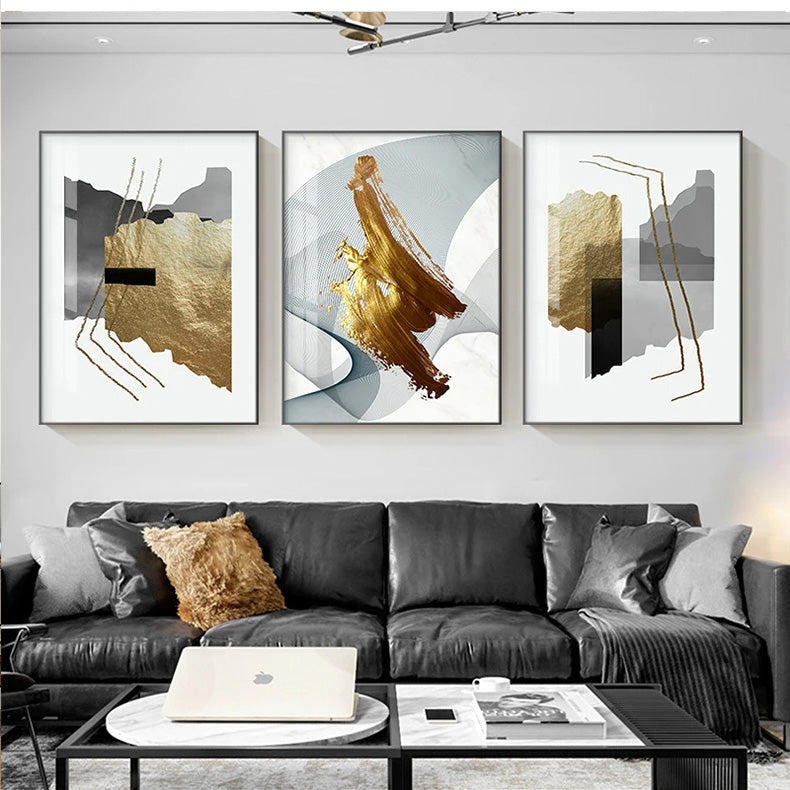 Urban Abstract Golden Grey Geometric Wall Art Fine Art Canvas Prints - Modern Art For Living Room Dining Room Bedroom Art For Contemporary Home Decor