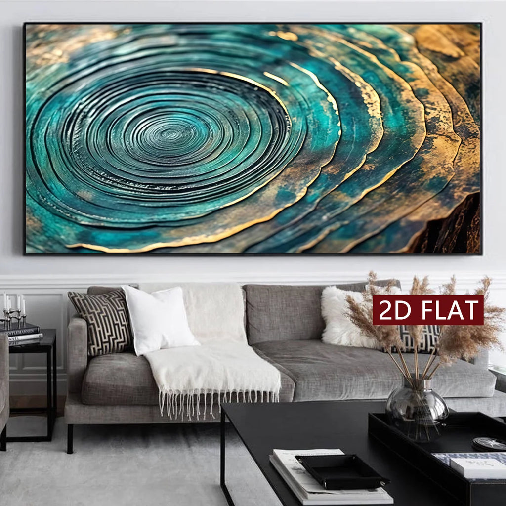 A large wall art piece featuring an abstract turquoise, teal, black, and gold concentric wood-grain or tree-ring style design, displayed above a gray sofa in a modern living room. 