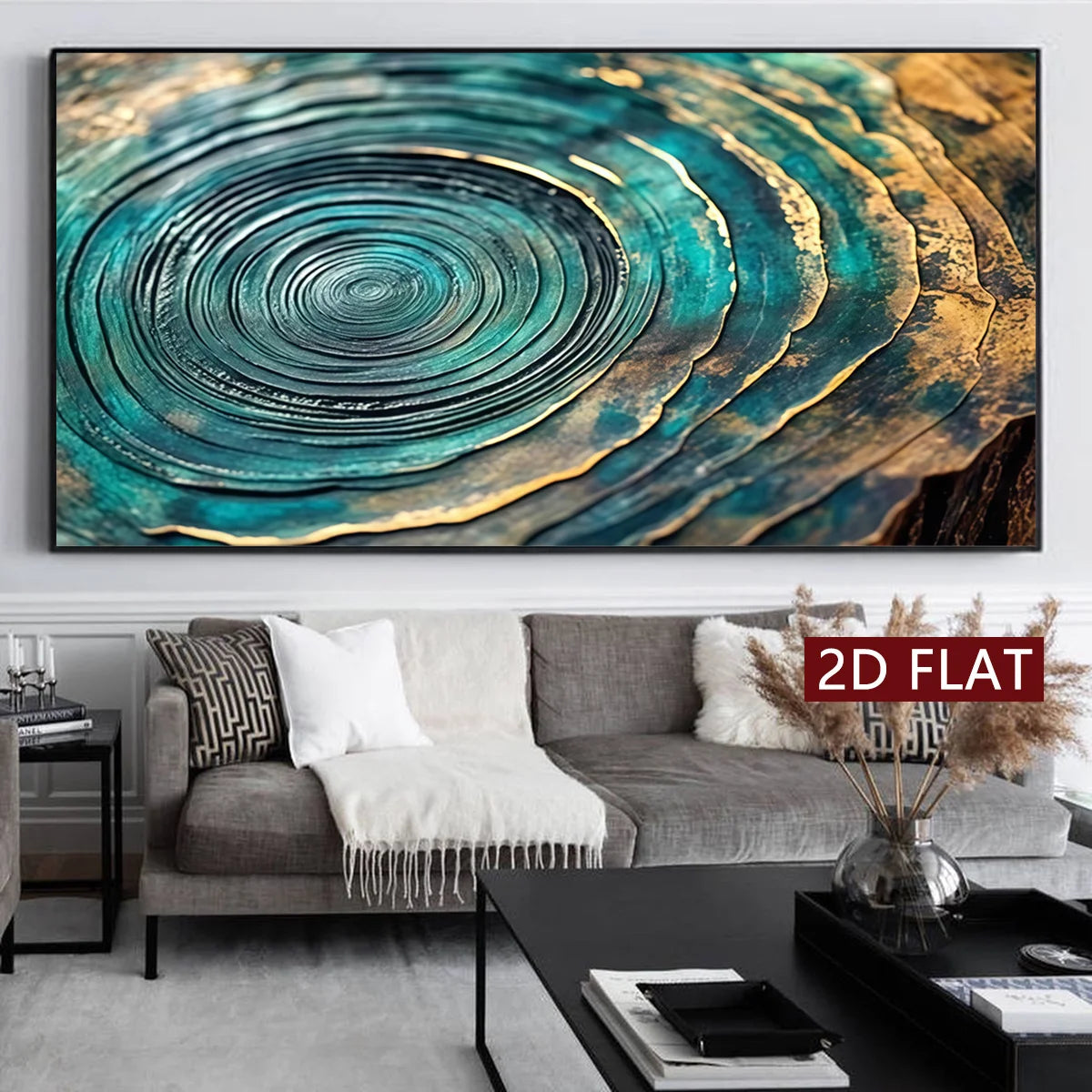 A large wall art piece featuring an abstract turquoise, teal, black, and gold concentric wood-grain or tree-ring style design, displayed above a gray sofa in a modern living room. 