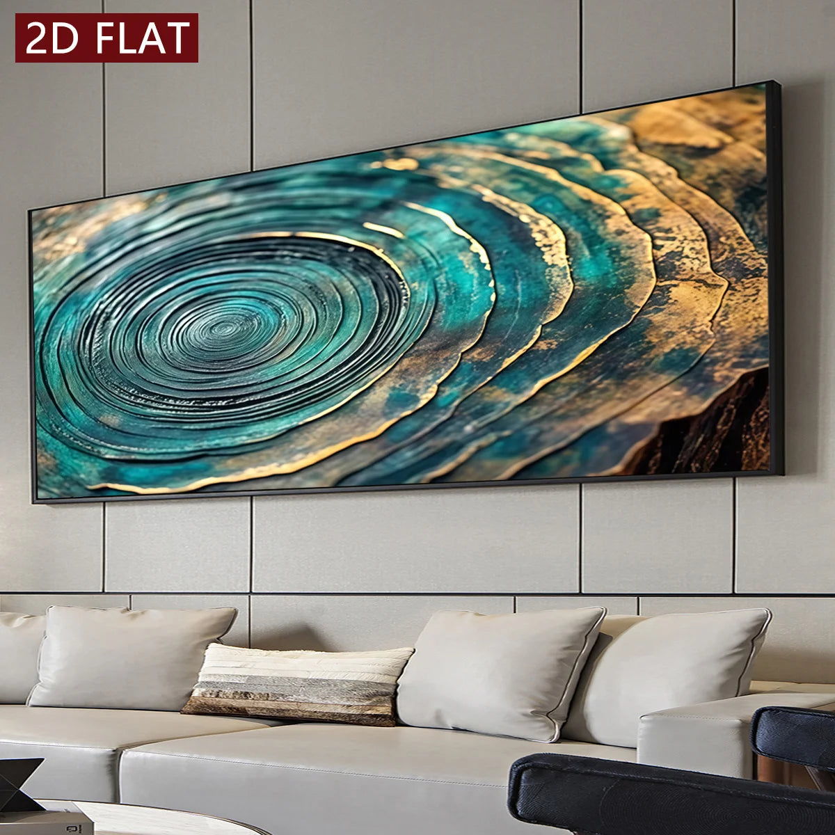 A large rectangular wall art piece with a 3D wood-grain texture effect, featuring concentric rings of teal, blue, and gold. It is displayed on a light gray paneled wall above a modern white sofa in a living room setting.