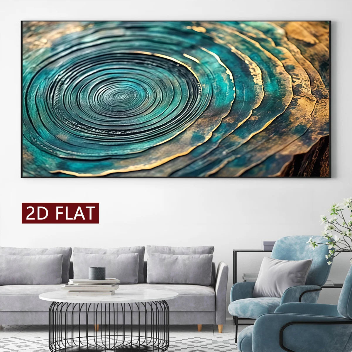 A large rectangular wall art print showing an abstract tree-ring style design in teal, blue, black, and gold tones, displayed above a modern living room with a sofa, chair, and coffee table. 