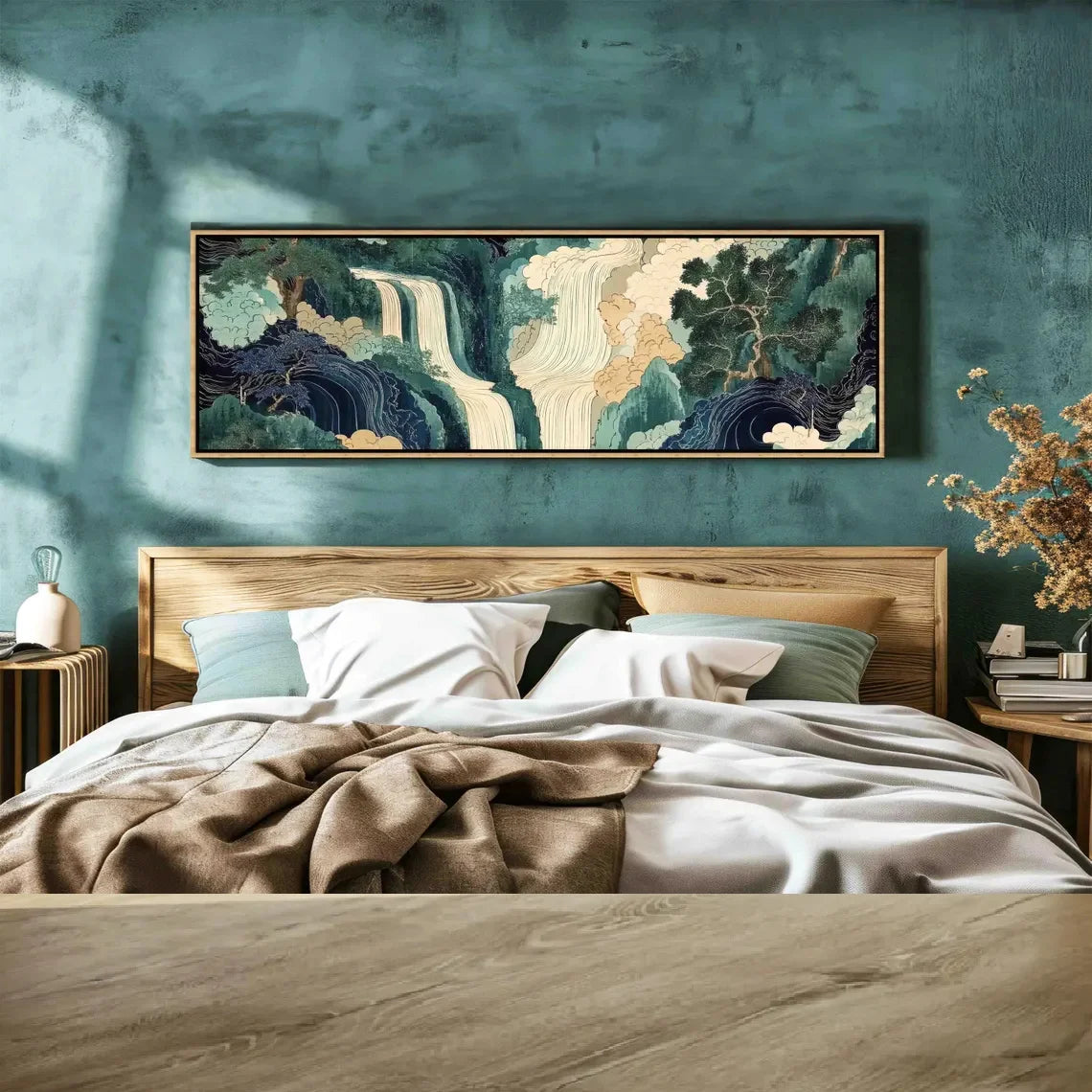 Vintage Abstract Japanese Waterfall Landscape Wall Art – Serene Green & Blue Nature Scene – Unframed Canvas Print for Modern Bedroom Décor