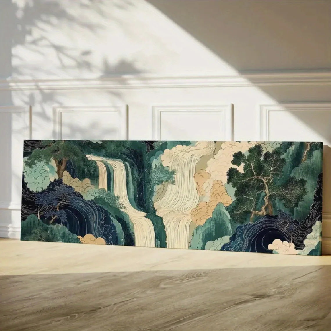 Vintage Abstract Japanese Waterfall Landscape Wall Art – Serene Green & Blue Nature Scene – Unframed Canvas Print for Modern Bedroom Décor