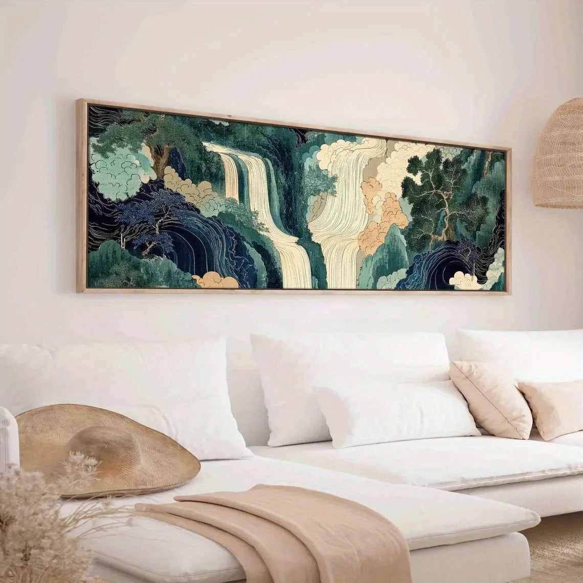 Vintage Abstract Japanese Waterfall Landscape Wall Art – Serene Green & Blue Nature Scene – Unframed Canvas Print for Modern Bedroom Décor