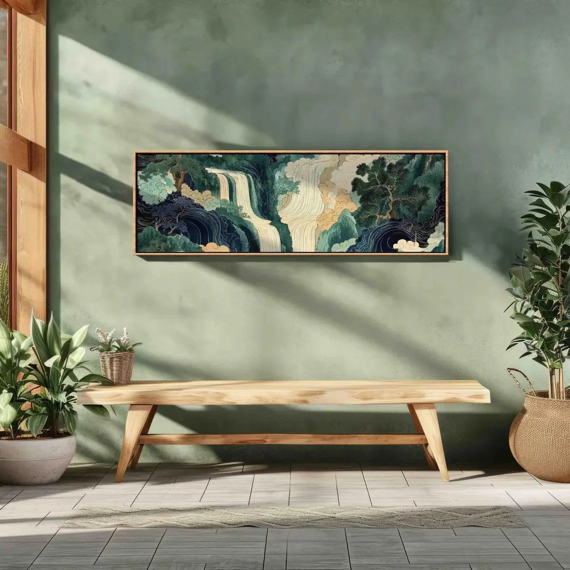 Vintage Abstract Japanese Waterfall Landscape Wall Art – Serene Green & Blue Nature Scene – Unframed Canvas Print for Modern Bedroom Décor