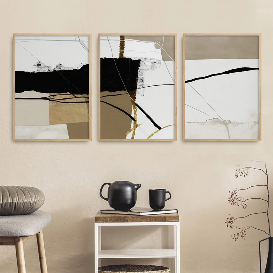 Vintage Brown Black Beige Color Block Abstract Wall Art Fine Art Canvas Prints - Pictures For Dining Room Living Room Bedroom Artworks For Contemporary Decor