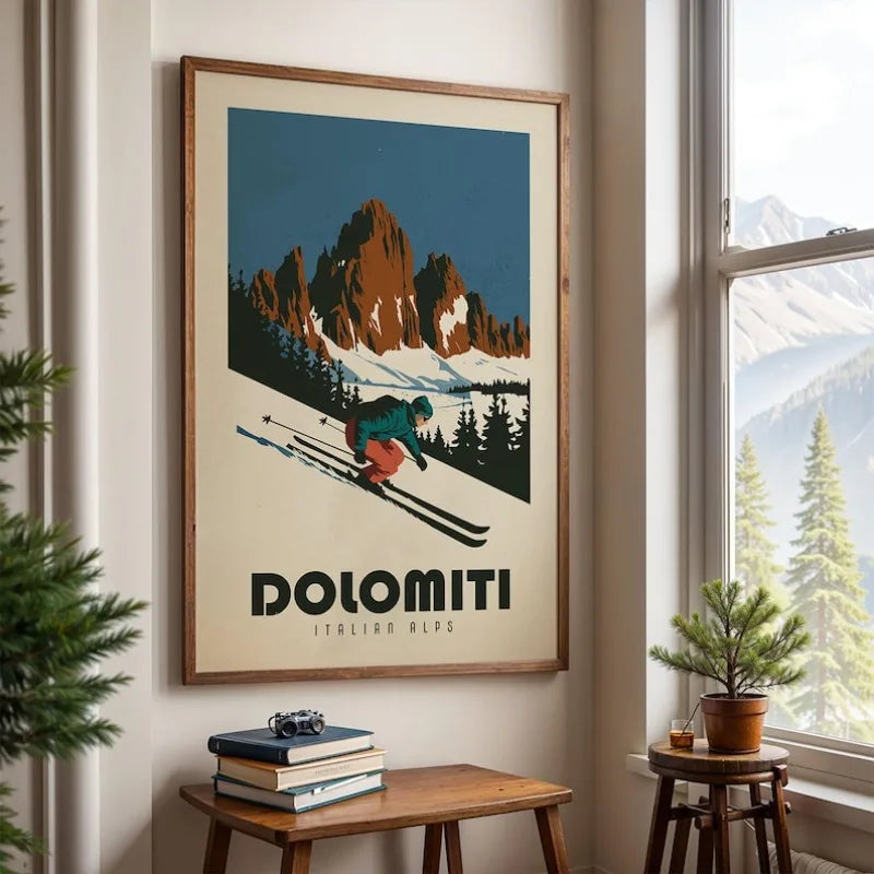 Travel poster of Dolomiti, Italy, featuring a retro-style illustration of a skier in front of snow-capped mountains, styled in a cozy room setting with a window, plants, and a wooden table.