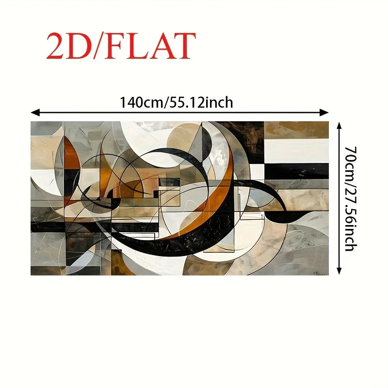 Abstract 2D flat wall art with geometric and flowing line designs in beige, black, white, and brown tones, shown with dimension arrows labeled 140cm by 70cm on a white background.