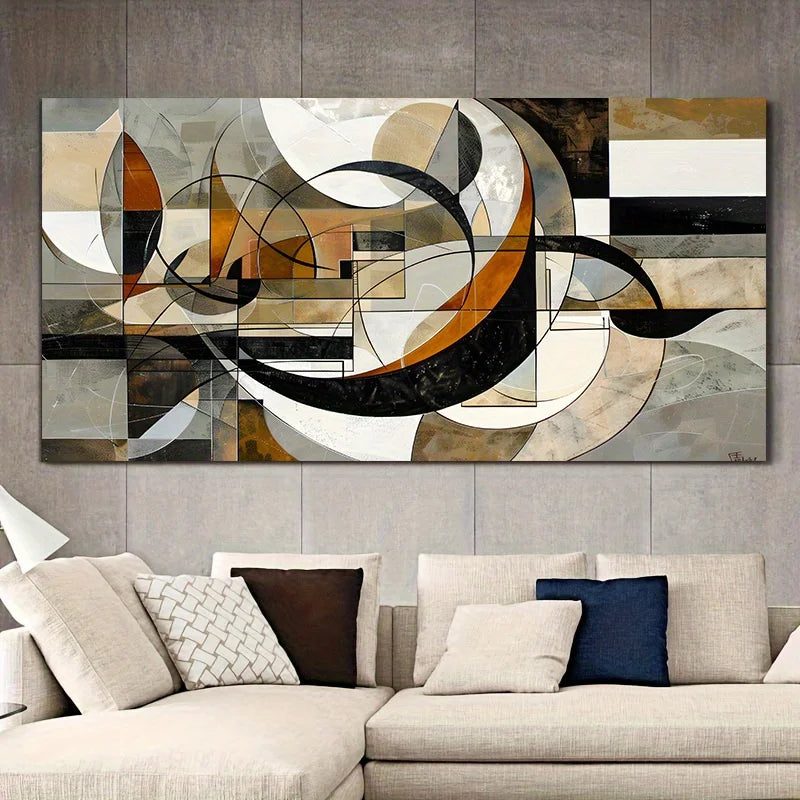 Large abstract canvas wall art with flowing black, white, beige, and orange geometric forms, displayed above a light beige sectional sofa in a modern living room setting.