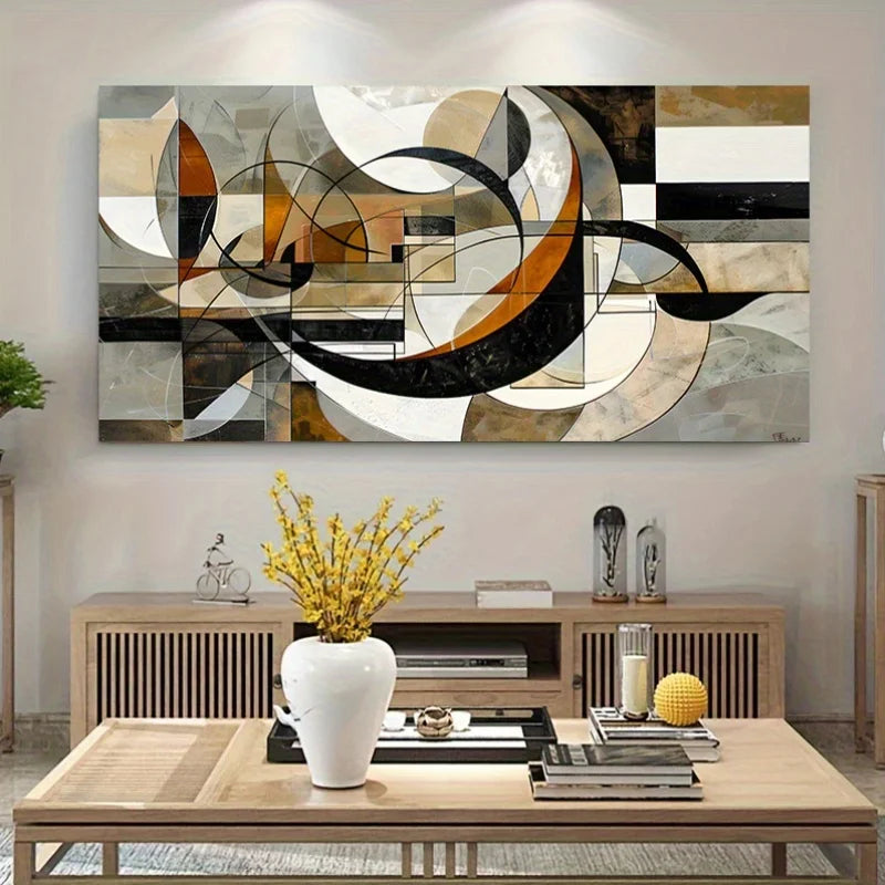 Large abstract canvas wall art with sweeping black, white, gray, beige, and brown geometric forms, displayed above a light wood console in a modern living room setting.