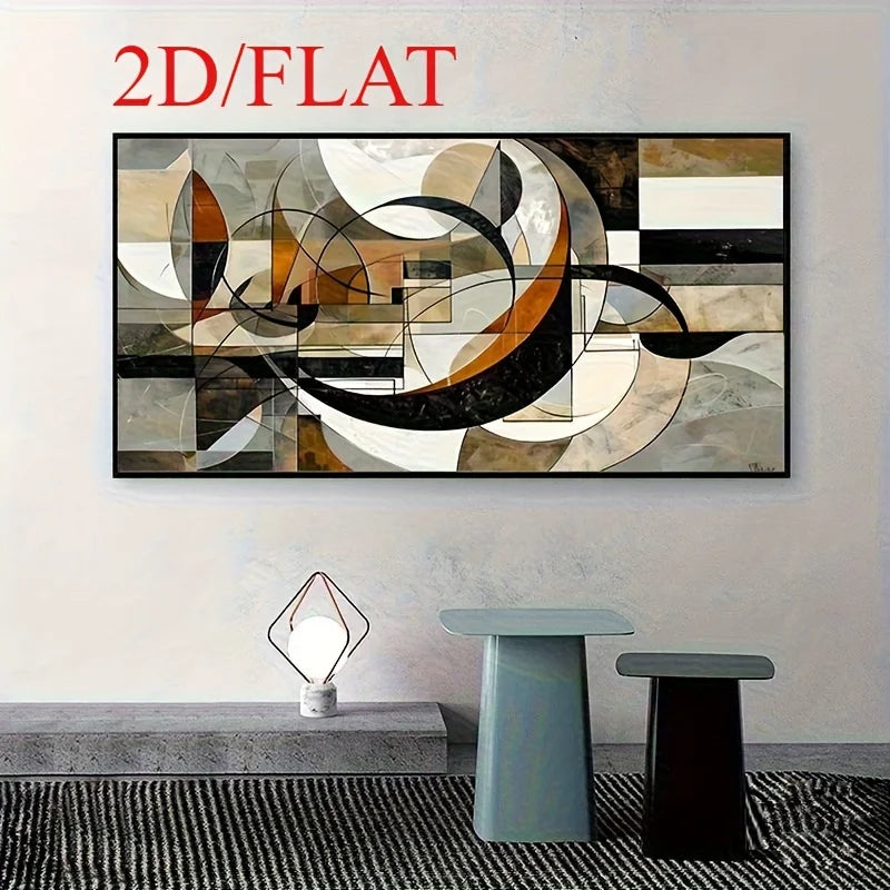 Abstract 2D flat canvas wall art with geometric shapes and flowing lines in black, white, beige, and brown tones, shown hanging on a light wall above a bench with two stools in a modern interior setting.