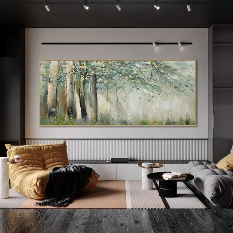 Modern living room with a large abstract forest painting on the wall.