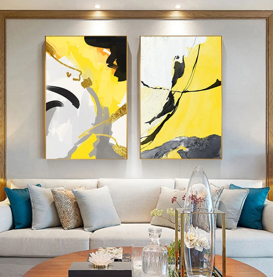 Yellow Grey Golden Black Nordic Abstract Wall Art Fine Art Canvas Prints - Modern Art For Living Room Dining Room Light Luxury Home Decor.