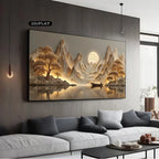 Modern living room with a large wall art piece depicting mountains and trees over water.