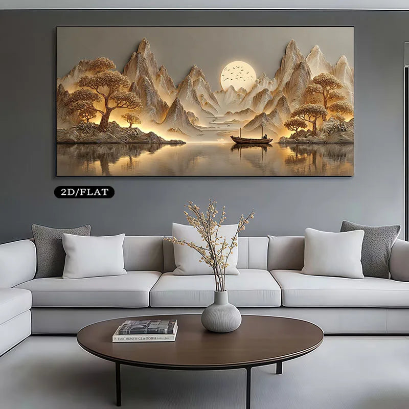 Living room with a large wall art depicting mountains and a lake, a white sofa with gray cushions, and a wooden coffee table.
