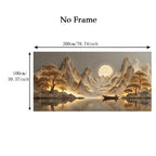 Scenic wall art with mountains, trees, and a boat on water, dimensions indicated.