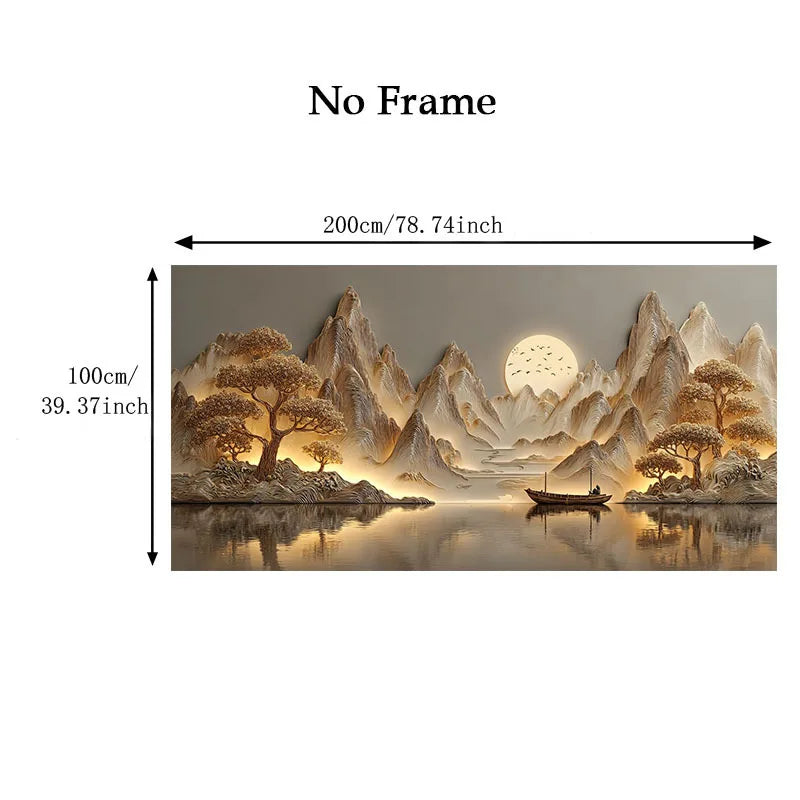 Scenic wall art with mountains, trees, and a boat on water, dimensions indicated.