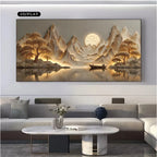 Living room with a large landscape painting of mountains and trees over water.