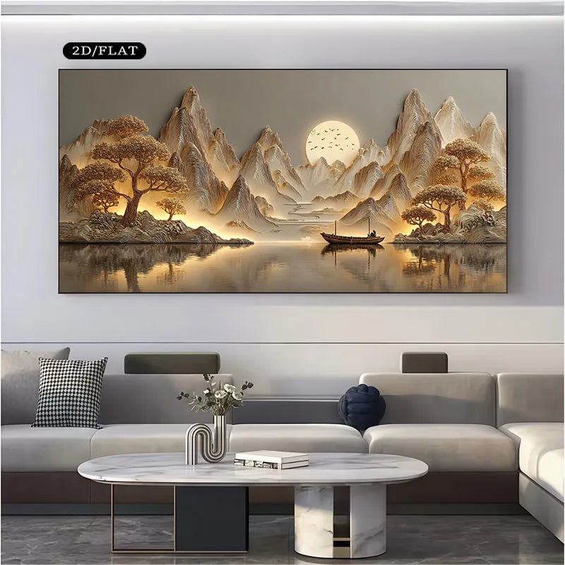 Living room with a large landscape painting of mountains and trees over water.
