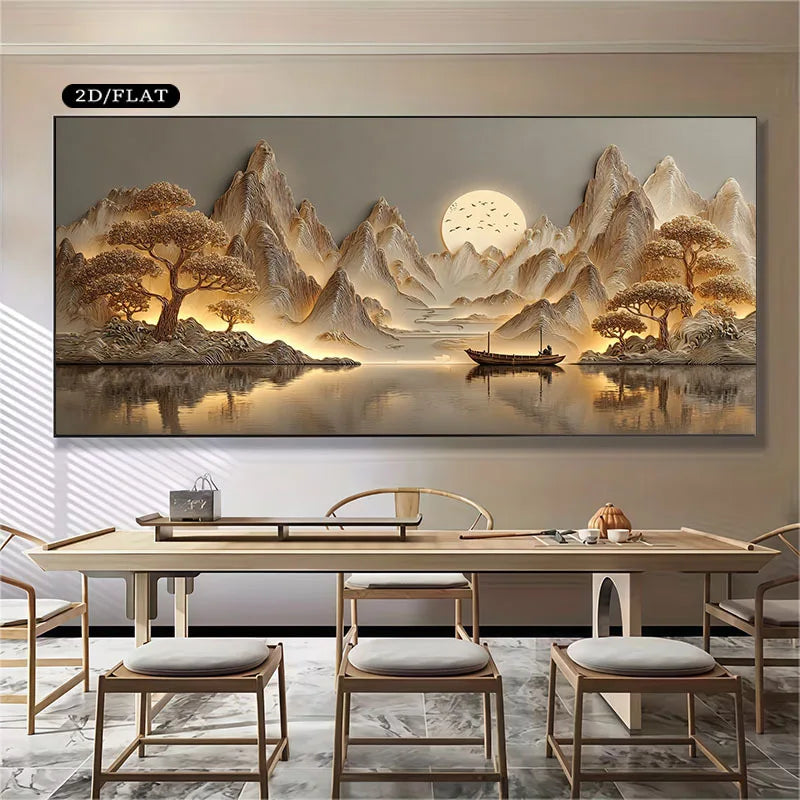 Large wall art of a mountain landscape with a boat on a lake, displayed in a room with a wooden table and chairs.
